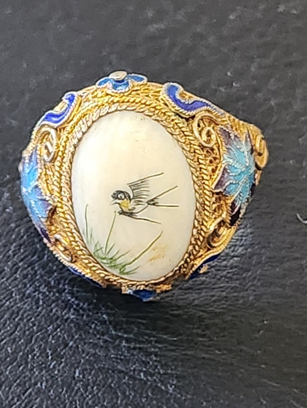 RARE Antique Ring, Hand-Painted Bird Porcelain Cameo, Gold Vermail Over Silver - Picture 3 of 11